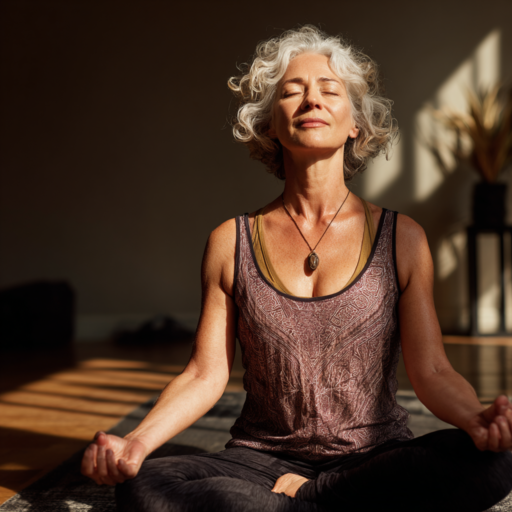 mature woman practicing yoga poses in peaceful studio environment