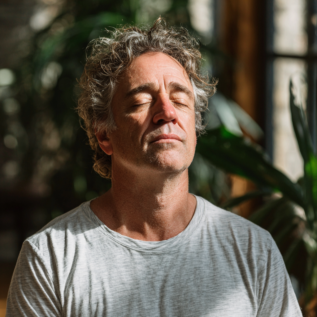 peaceful middle-aged person meditating in natural yoga studio setting
